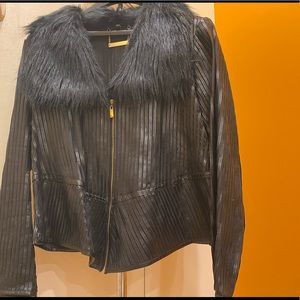 Iman Leather Jacket Black with faux fur collar
